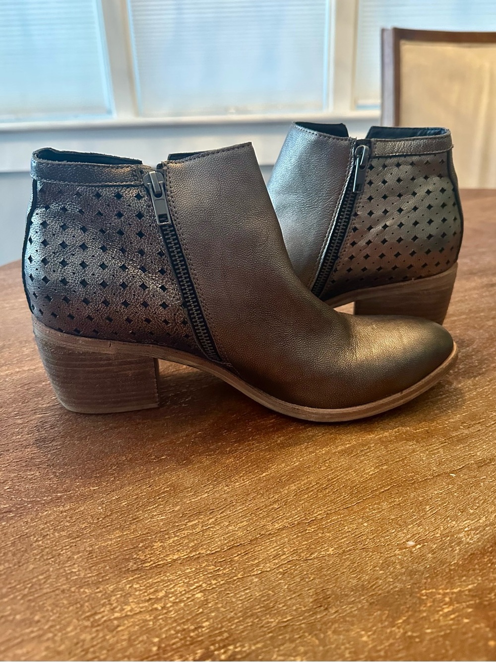 Silent D OPENA Metallic Silver/Bronzed Perforated Women's Ankle Booties 🩶💛